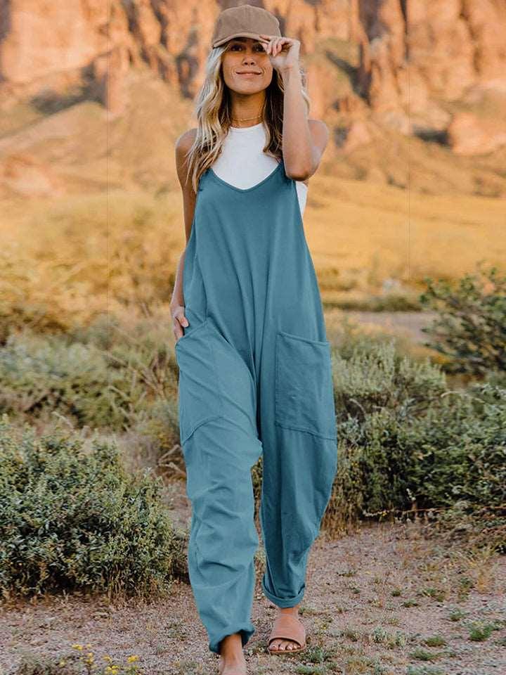 Double Take Full Size V-Neck Sleeveless Jumpsuit with Pockets - Azure - Women's Fashion - Women's Clothing - Suits & Sets - Women's Sets