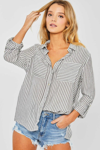 Love Tree Striped Collared Neck Long Sleeve Shirt ! - - Women's Fashion - Women's Clothing - Tops & Tees - Tank Tops