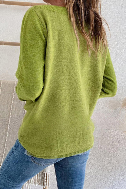 Women's Green V Neck Ribbed Contrast Long Sleeve Sweater - - Sweaters