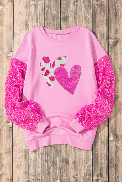 Valentine’s Day Sequin Heart Long Sleeve Sweatshirt - -