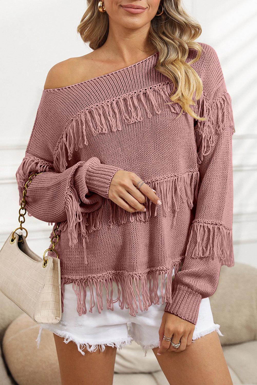 Women's Khaki Boho Fringe Tasseled Knitted Sweater - Pink S - Sweaters