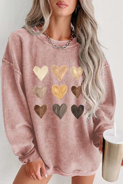 Heart Round Neck Dropped Shoulder Sweatshirt - Dusty Pink -