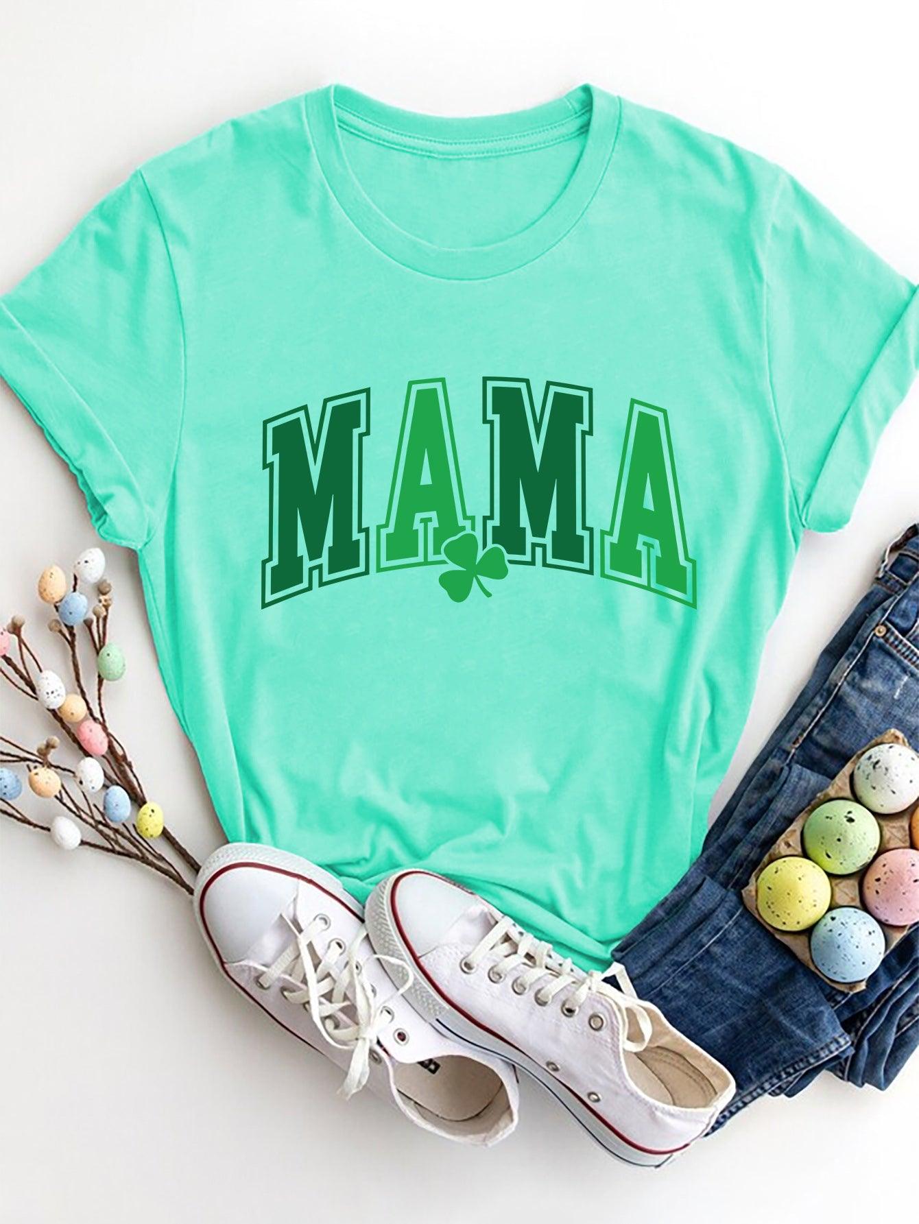 MAMA Round Neck Short Sleeve T-Shirt - Tiffany Blue - Women's T-Shirt