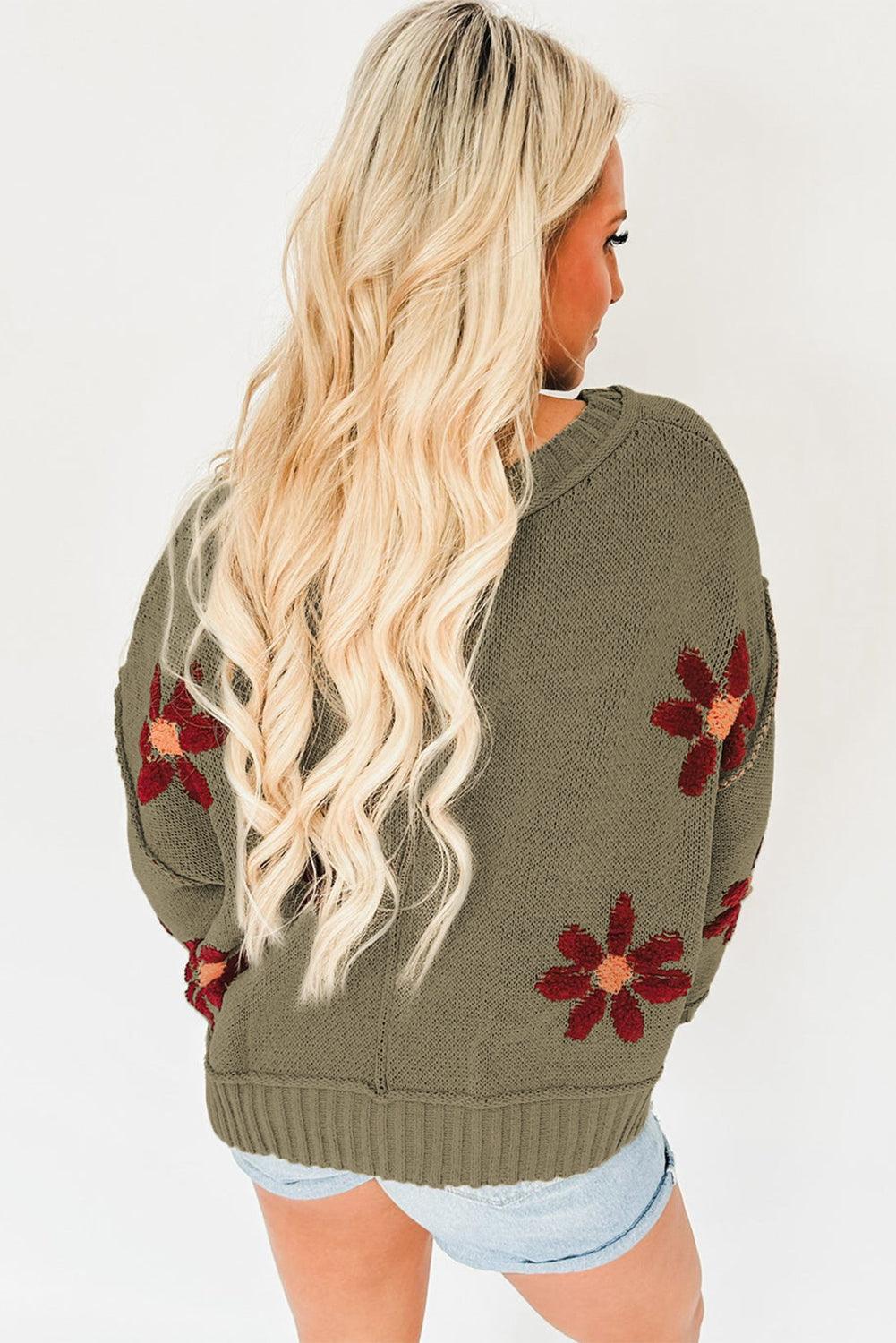 Women's Sage Green Flower Knit Ribbed Trim V Neck Sweater - - Sweaters