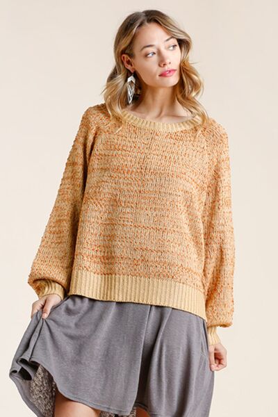 Umgee Full Size Ribbed Hem Round Neck Long Sleeve Popcorn Sweater Plus Size - Sherbet -