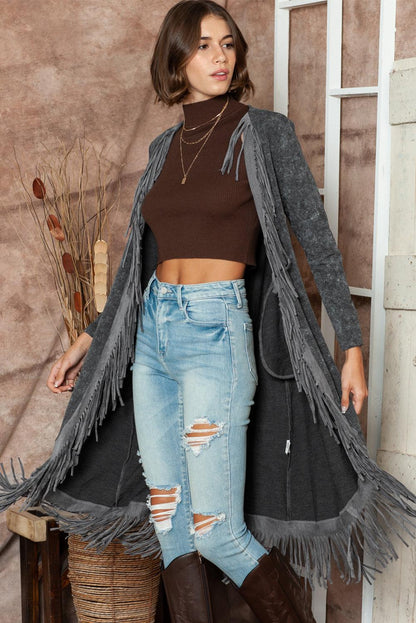 Women's Black Mineral Washed Tassel Open Front Long Cardigan - - Cardigans