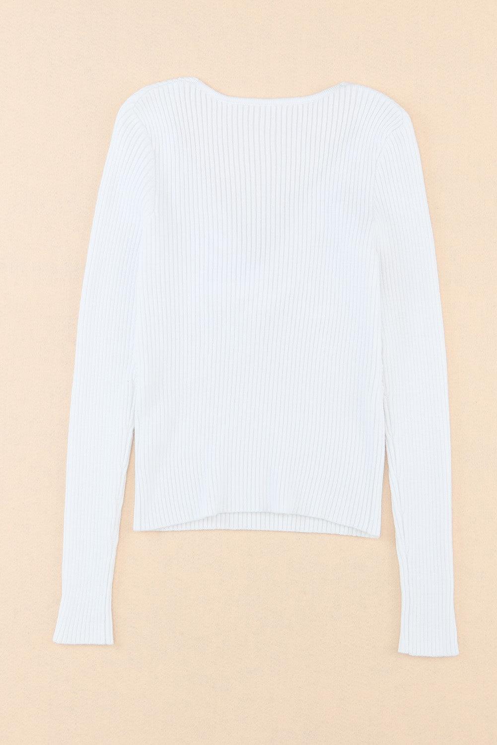 Women's White Basic Cable Crossed V Neck Sweater - - Sweaters