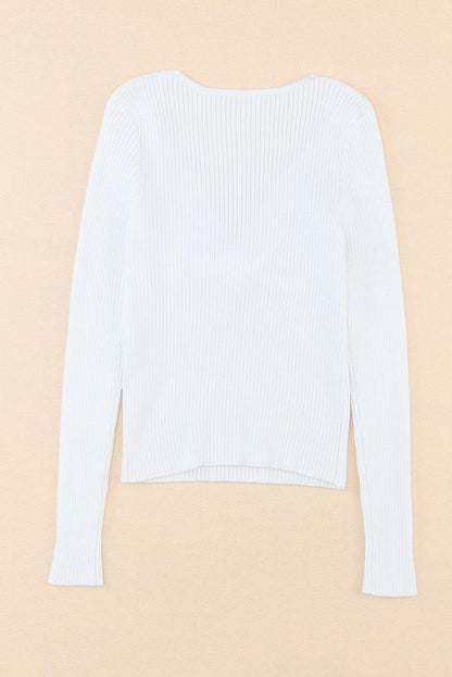 Women's White Basic Cable Crossed V Neck Sweater - - Sweaters