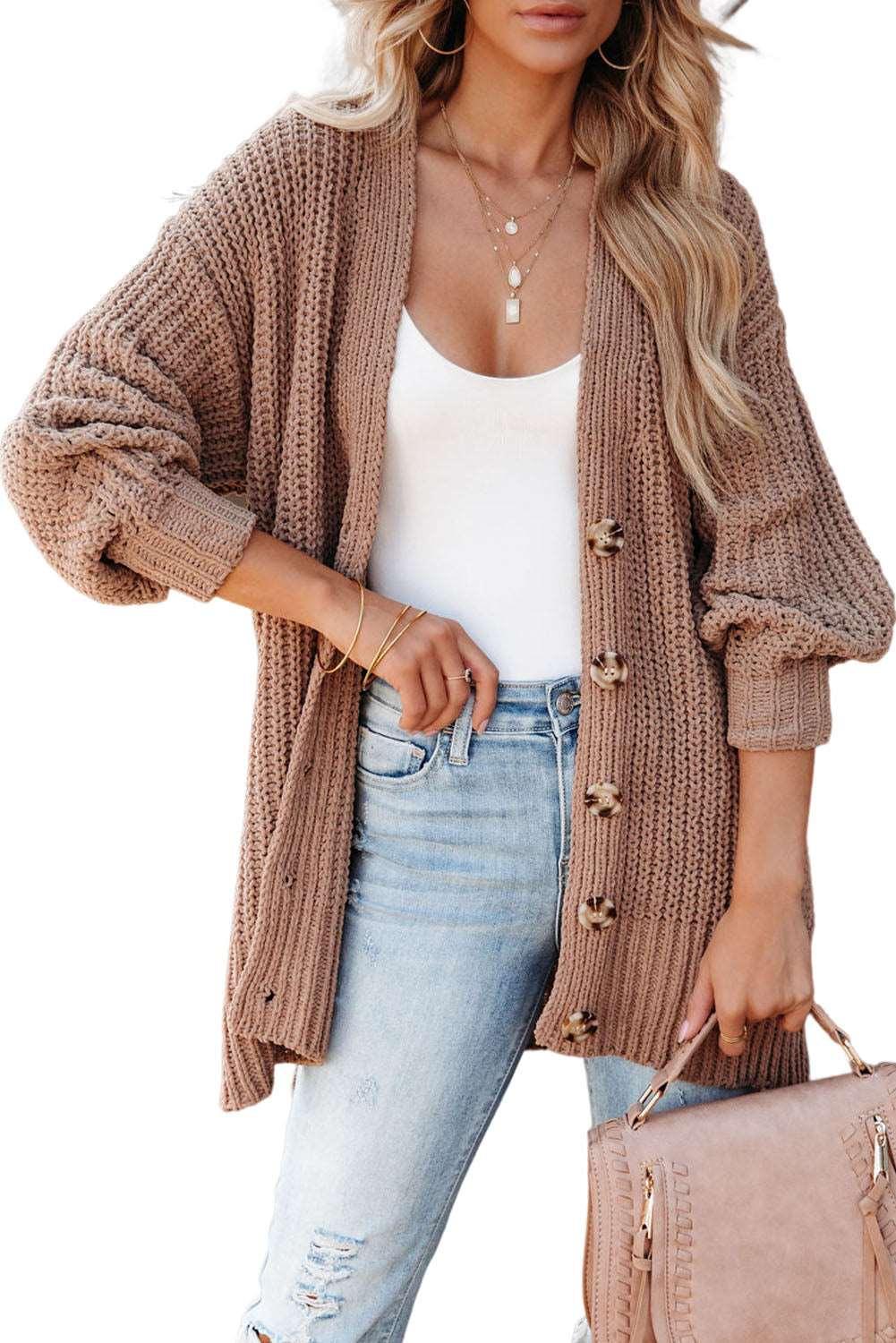 women's Black Solid Color Buttoned Down Casual Knitted Cardigan - - Cardigans