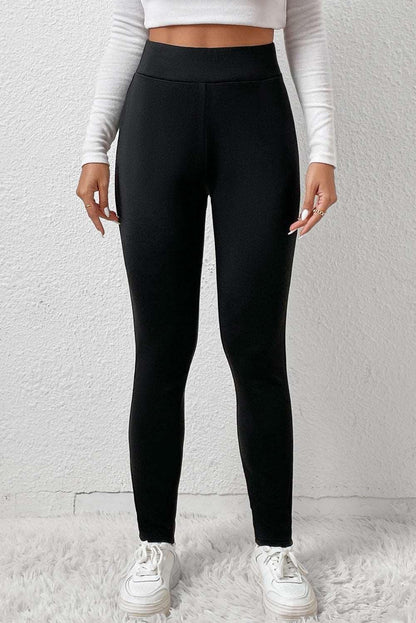 Women's Black Fleece Lining Winter Thermal High Waist Leggings - - Leggings