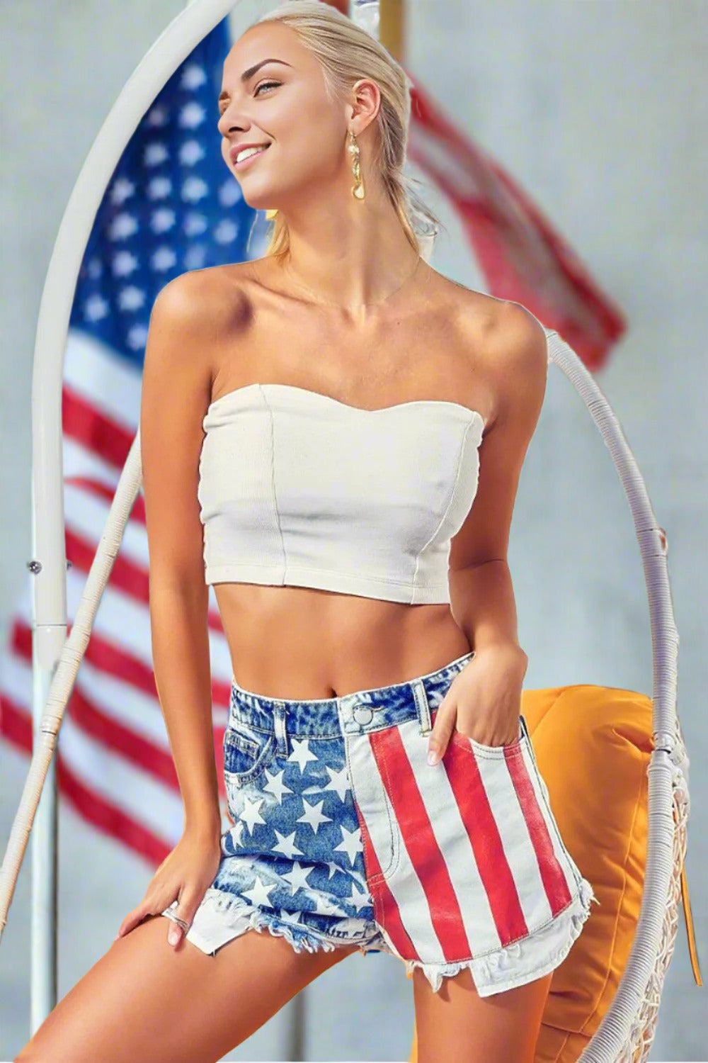 BiBi US Flag Theme Bleached Denim Shorts