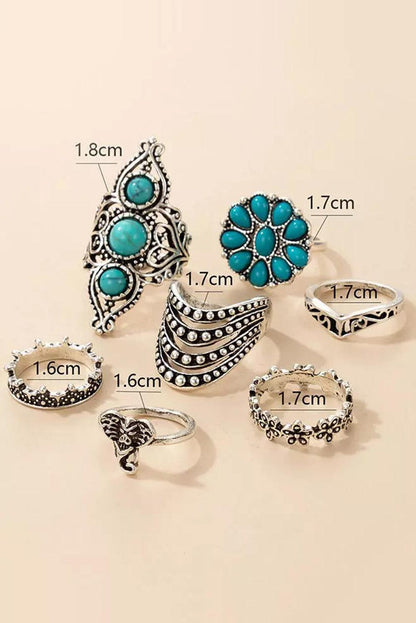 Women's Green Vintage 7Pcs Floral Geometric Turquoise Ring Set - - Rings