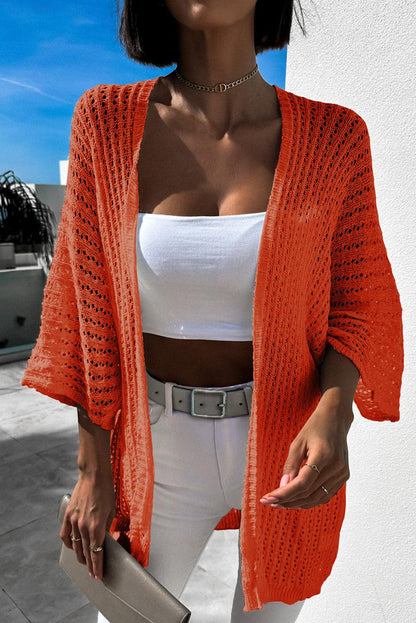 Women's Orange Hollow-out Bracelet Sleeve Knit Cardigan - Orange ONE SIZE - Cardigans