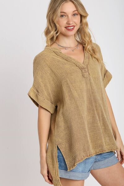 Umgee Full Size Side Slit Notched Mineral Wash Gauze Fabric Top Plus Size - Camel -