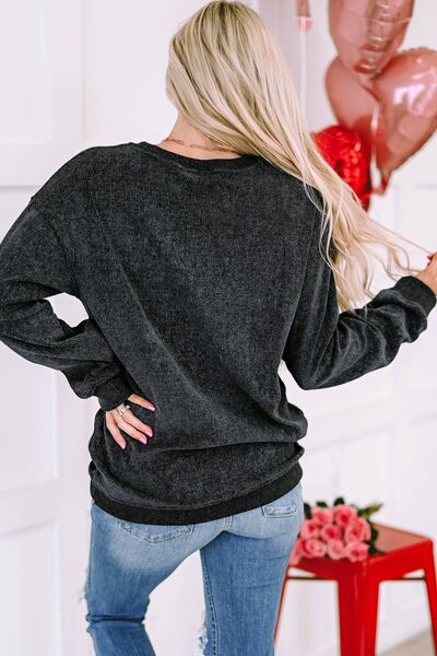 Heart Round Neck Dropped Shoulder Sweatshirt - -