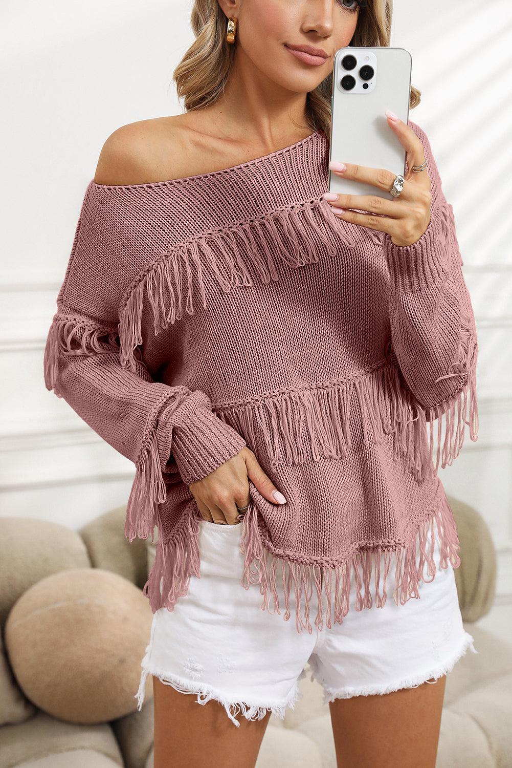 Women's Khaki Boho Fringe Tasseled Knitted Sweater - - Sweaters