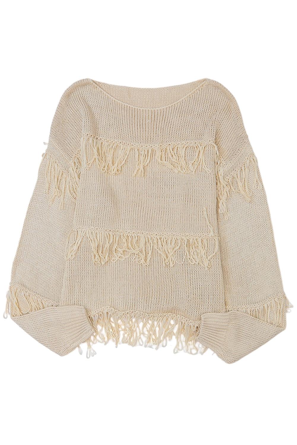 Women's Khaki Boho Fringe Tasseled Knitted Sweater - - Sweaters