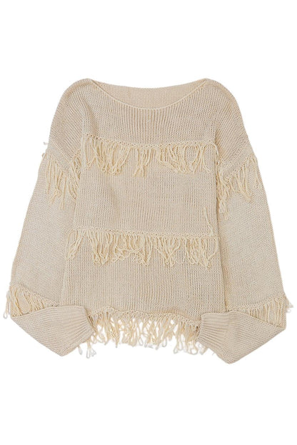 Women's Khaki Boho Fringe Tasseled Knitted Sweater - - Sweaters