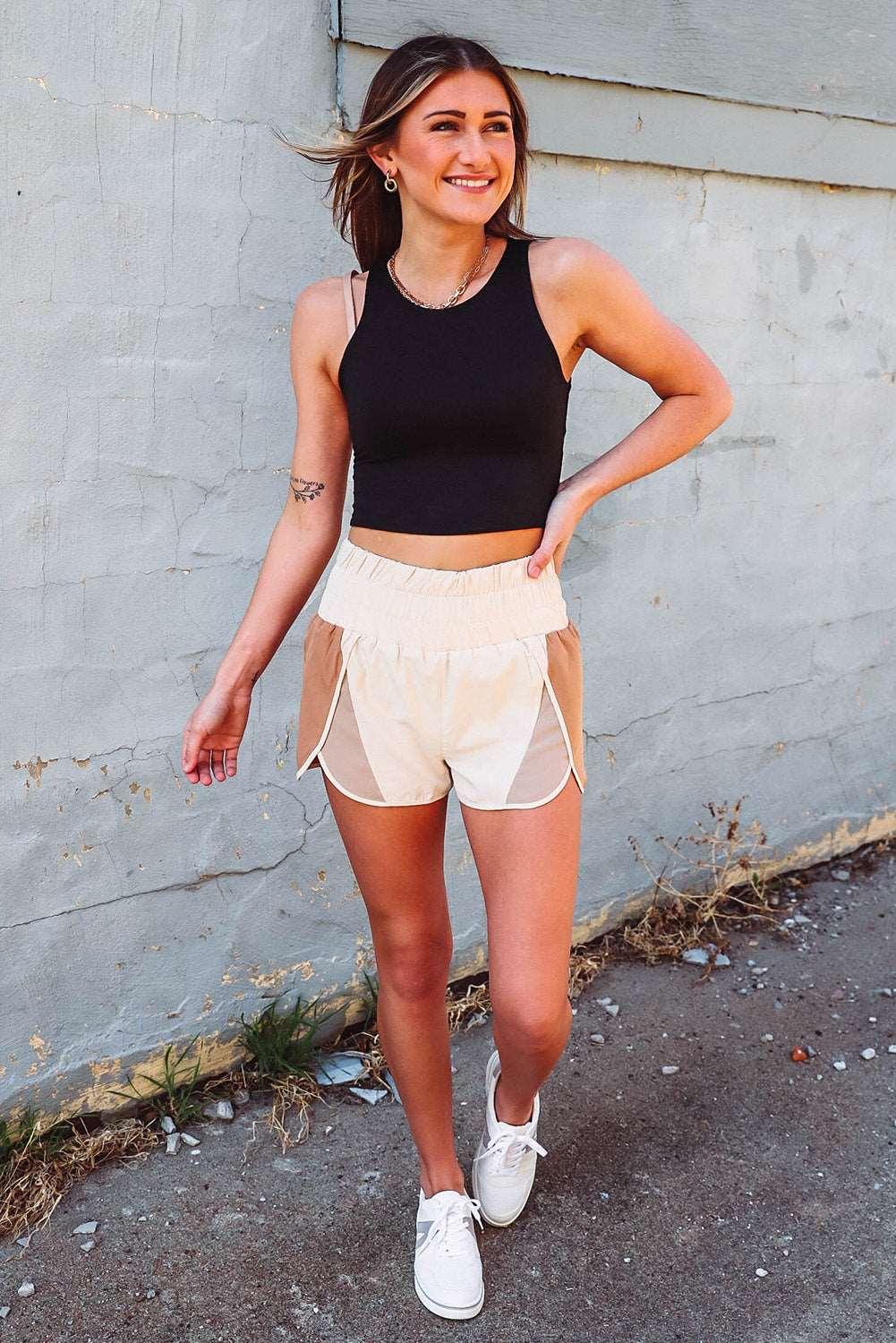 Women's Apricot Casual Color Block Split High Waisted Shorts - - Gym Shorts