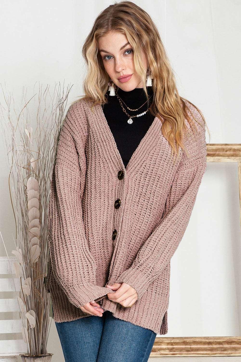 women's Black Solid Color Buttoned Down Casual Knitted Cardigan - - Cardigans