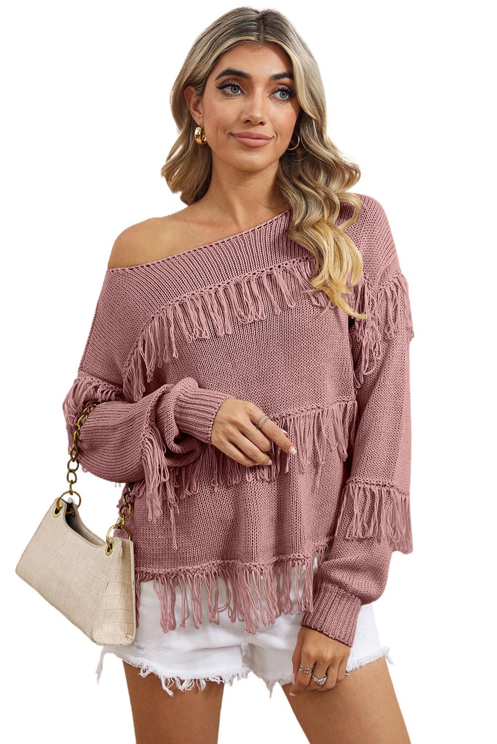 Women's Khaki Boho Fringe Tasseled Knitted Sweater - - Sweaters