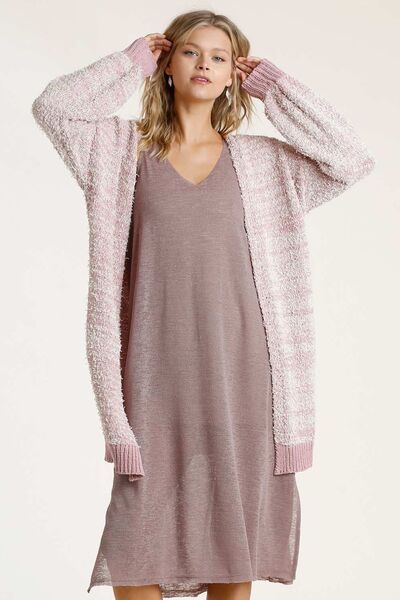 Umgee Full Size Ribbed Hem Open Front Longline Cardigan Plus Size - Blush Pink -