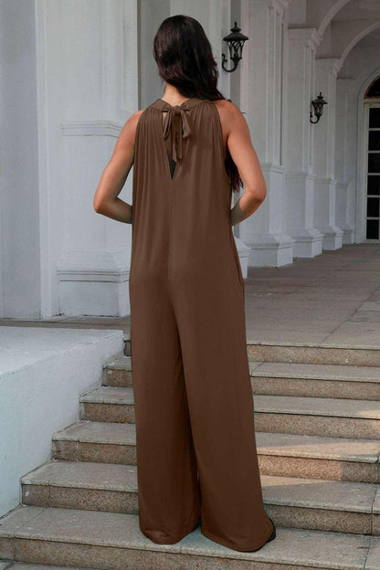 Double Take Full Size Tie Back Cutout Sleeveless Jumpsuit ! - - Women's Fashion - Women's Clothing - Suits & Sets - Women's Sets