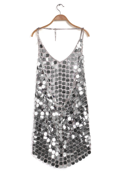 Women Fashion Sequin Patchwork Mini Dress - Sleeveless, Backless