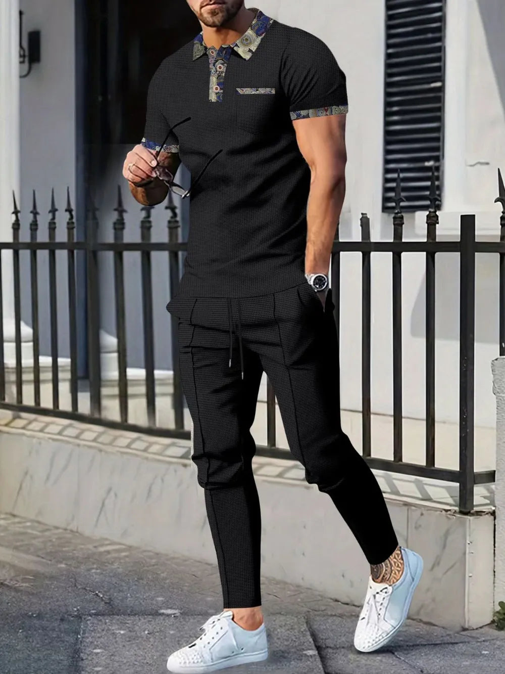 Men’s Plus Size Waffle Knit Polo & Pants Set – Soft Texture, Everyday Comfort - Black - Men's Sets