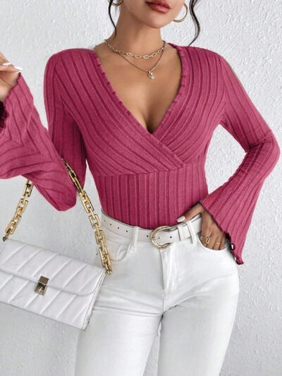 Ribbed Flare Sleeve Top - - clothing top