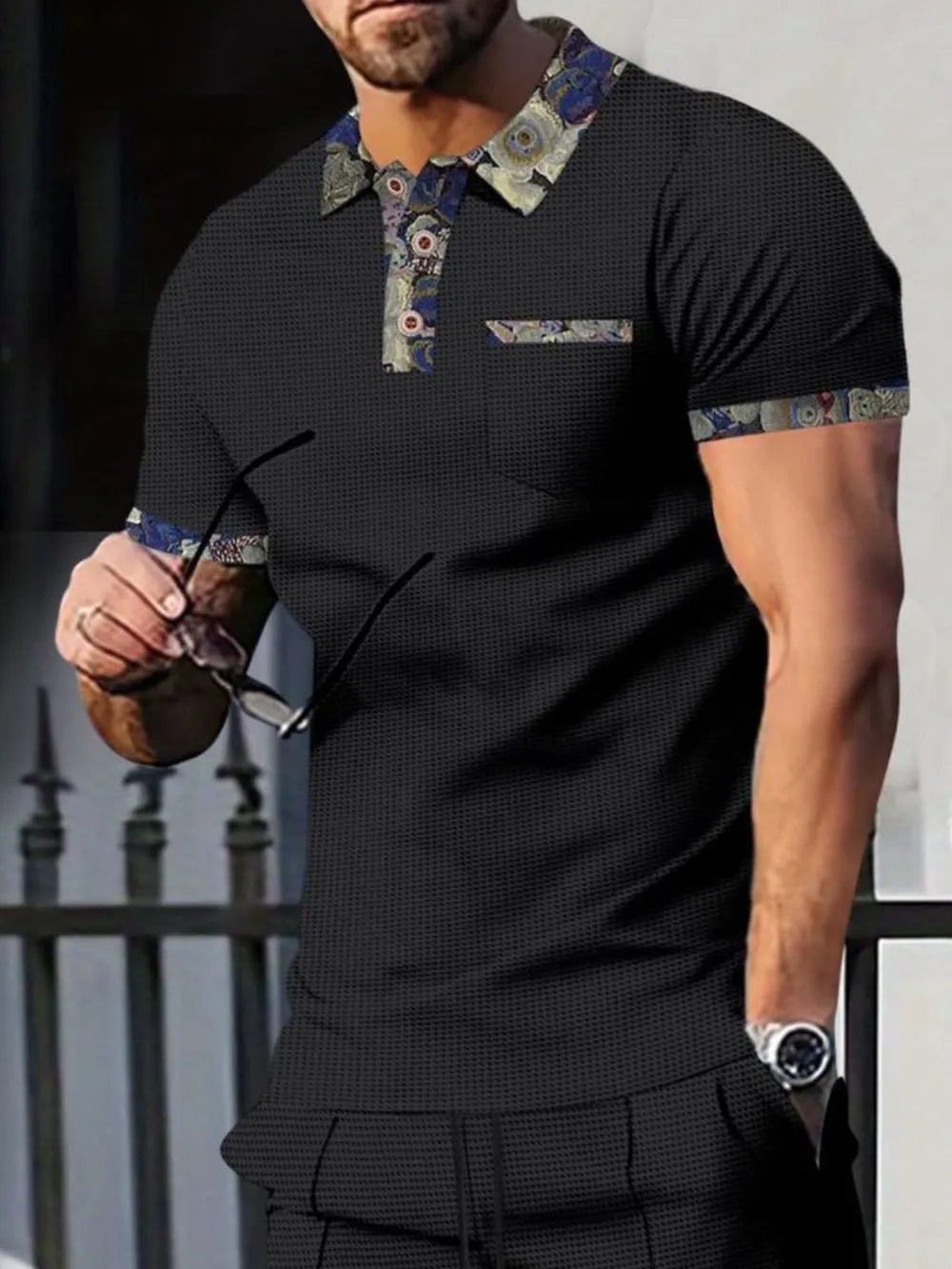 Men’s Plus Size Waffle Knit Polo & Pants Set – Soft Texture, Everyday Comfort - - Men's Sets