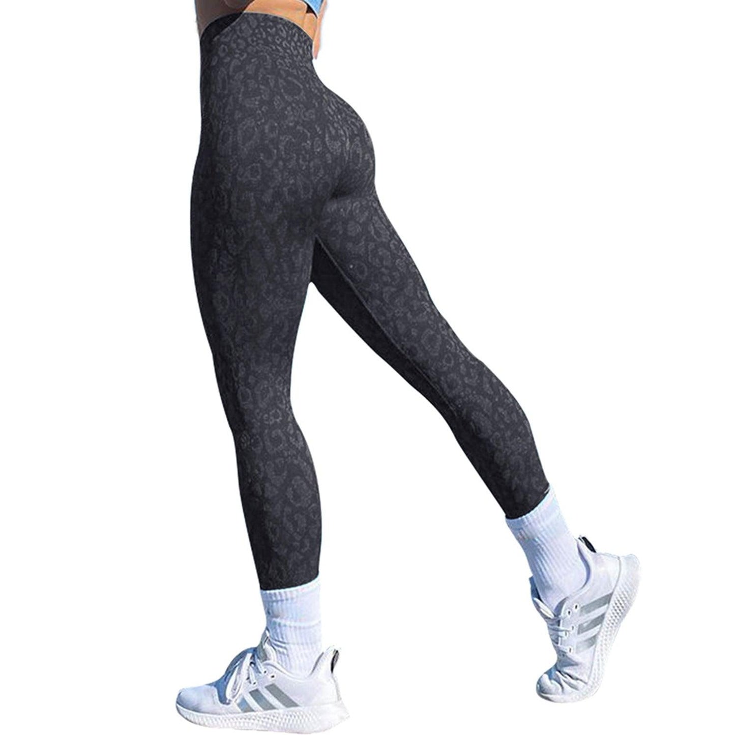 Women's Push-Up Booty Leggings - Gym & Yoga Pants - Black and gray leopard print - leggins