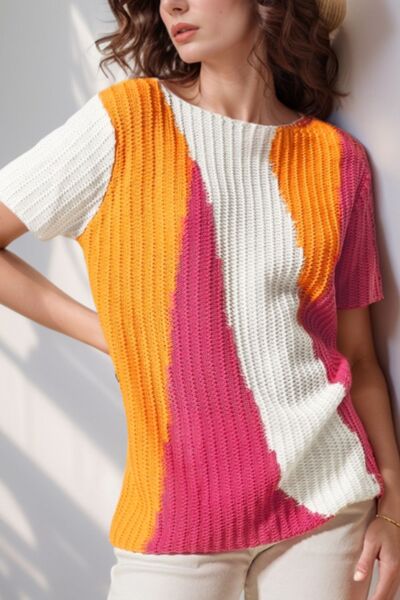 Textured Color Block Short Sleeve Sweater - Tangerine -