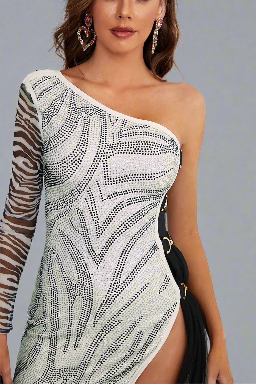 Zebra Print Rhinestone Slit Single Shoulder Dress