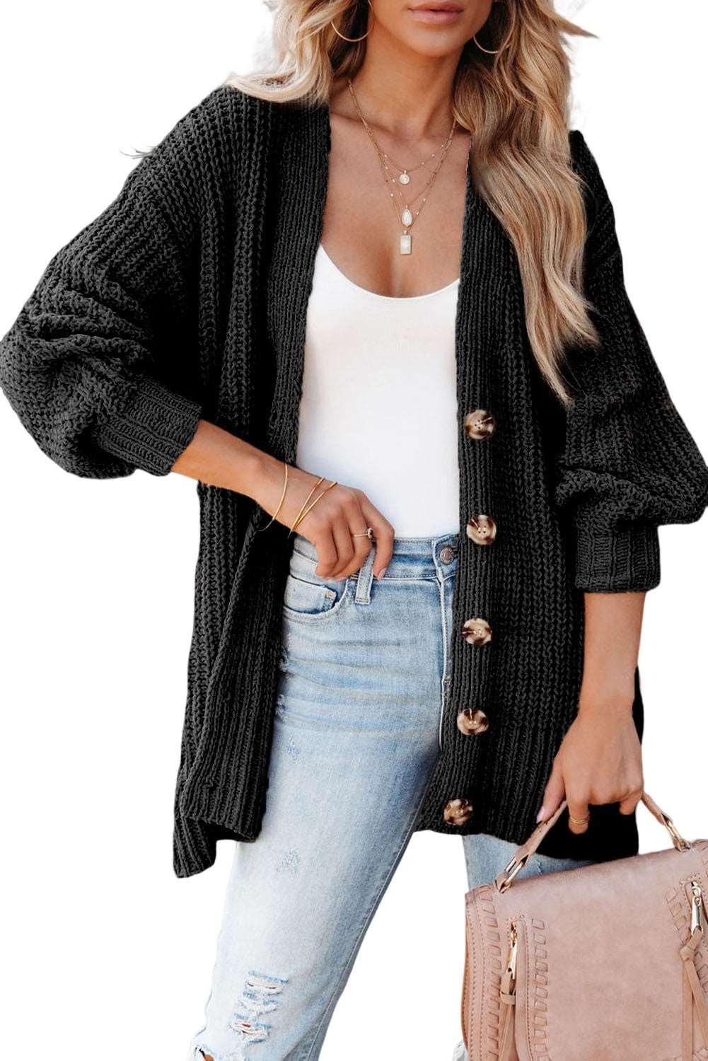 women's Black Solid Color Buttoned Down Casual Knitted Cardigan - - Cardigans