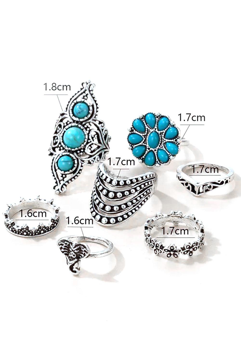 Women's Green Vintage 7Pcs Floral Geometric Turquoise Ring Set - - Rings