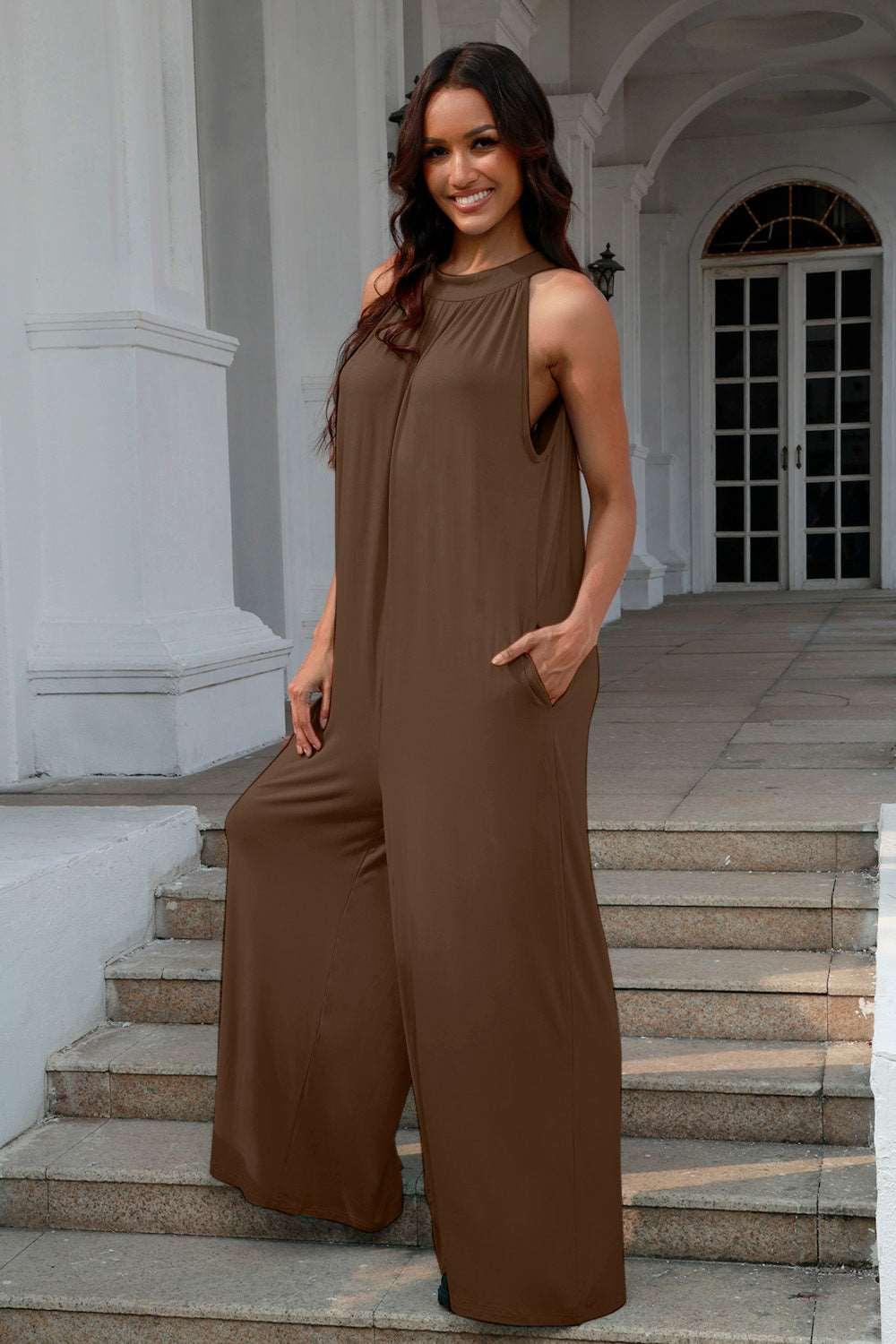 Double Take Full Size Tie Back Cutout Sleeveless Jumpsuit ! - - Women's Fashion - Women's Clothing - Suits & Sets - Women's Sets