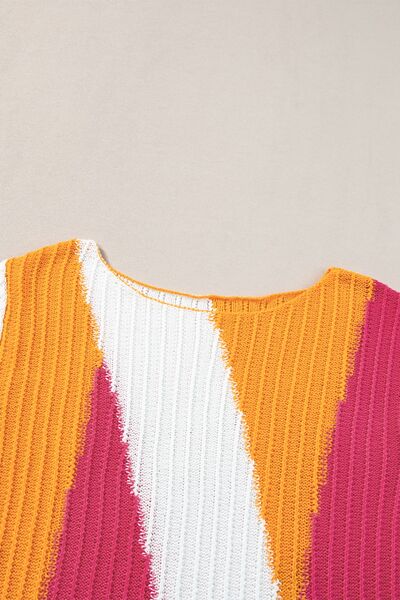 Textured Color Block Short Sleeve Sweater - -