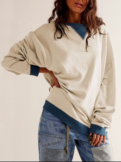 Mandy Contrast Trim Round Neck Long Sleeve Sweatshirt - Beige -