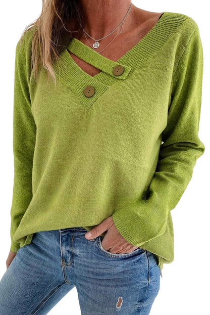 Women's Green V Neck Ribbed Contrast Long Sleeve Sweater - - Sweaters