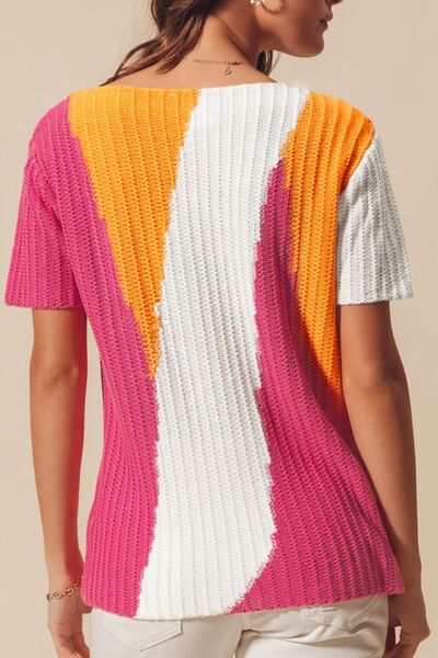 Textured Color Block Short Sleeve Sweater - -