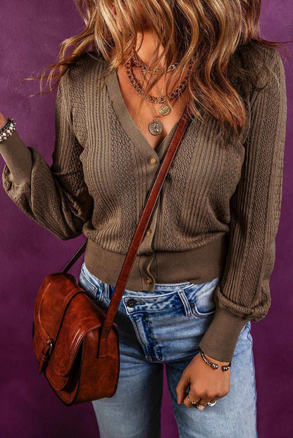 Women's Chestnut V Neck Buttoned Textured Sweater - Desert Palm - Sweaters