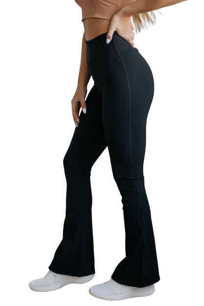 Women's Black Basic Tummy Control High Waisted Flared Sports Pants - - Workout Leggings