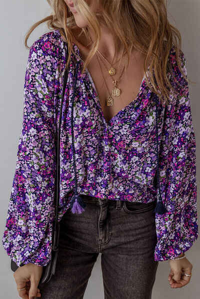 Floral Tie Neck Balloon Sleeve Blouse - Purple - Women's Clothing > Blouses & Shirts