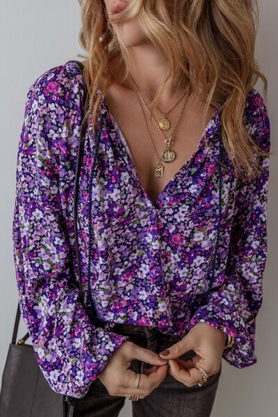 Floral Tie Neck Balloon Sleeve Blouse - - Women's Clothing > Blouses & Shirts