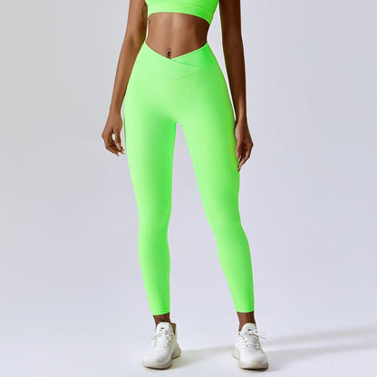 Threaded European And American Tight Yoga Pants For Outer Wear - Fluorescent green - leggins