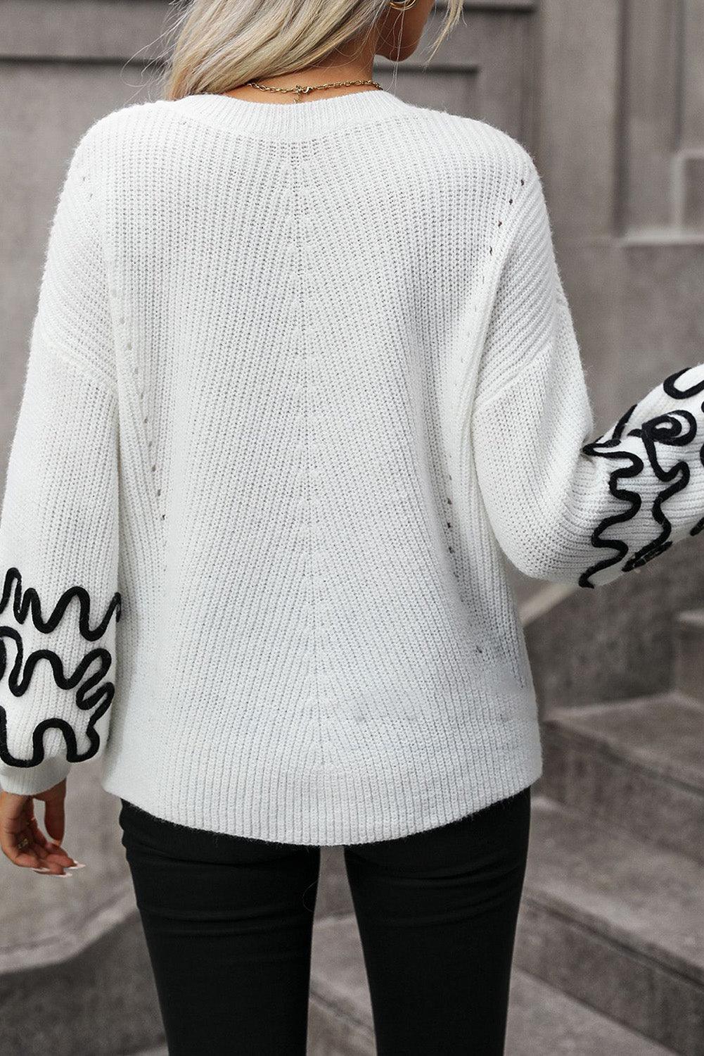 Women's Bright White Abstract Sleeve Knitted Sweater - - Sweaters