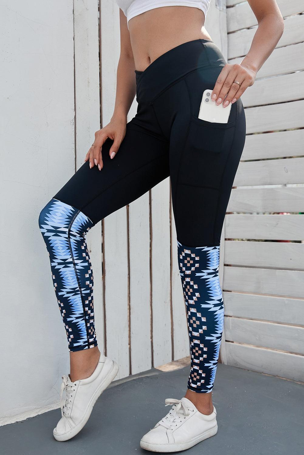 Women's Black Yoga Crossover Geometric Print Patchwork High Waisted Leggings - - Workout Leggings