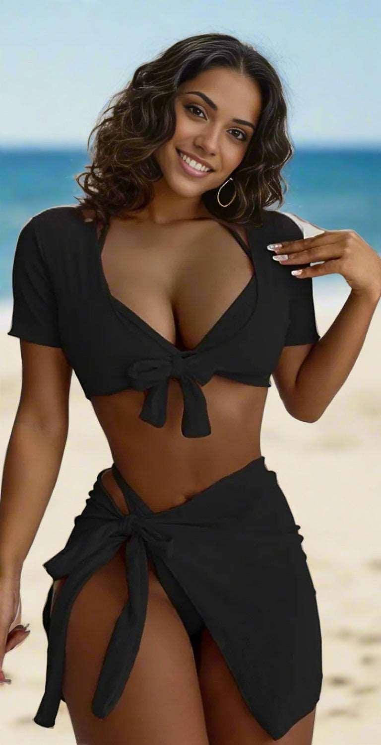 Halter Neck Bikini and Cover Up Four-Piece Swim Set - Black - women swimsuit