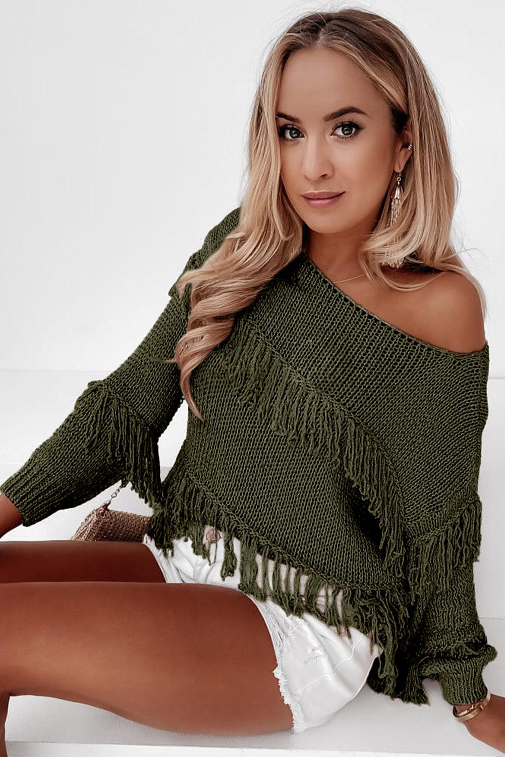 Women's Khaki Boho Fringe Tasseled Knitted Sweater - - Sweaters